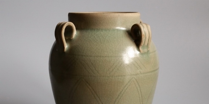 宋代 耀州窑 青瓷 刻花 四系罐 酒罐  NO.6617