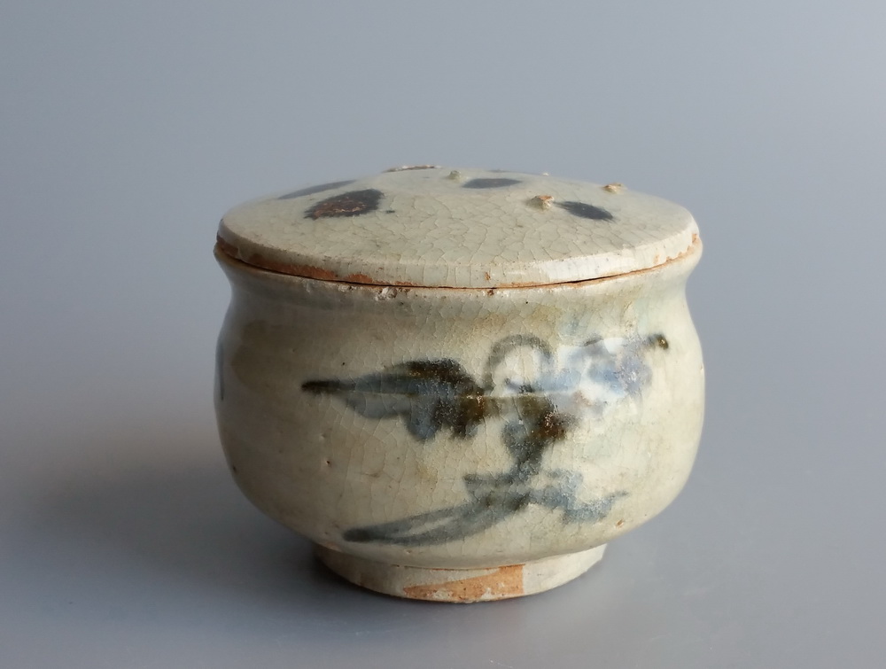 元代青花 葫芦叶 点彩 盖罐