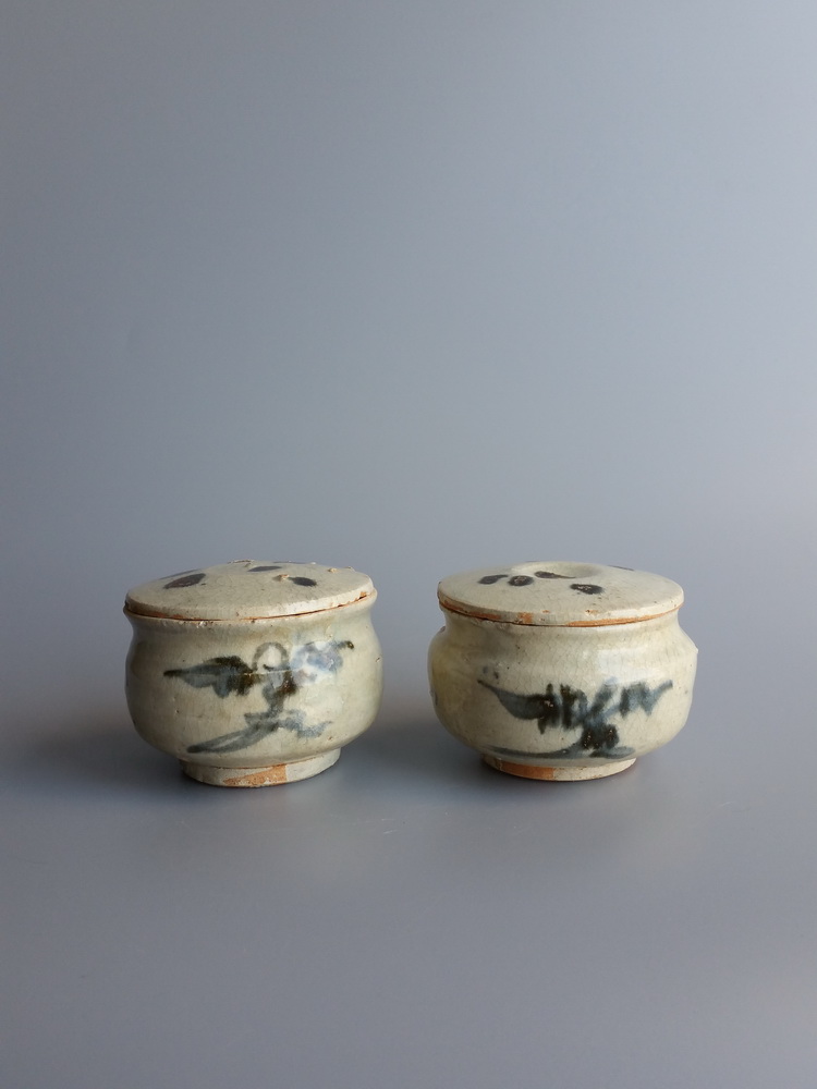 元代青花 葫芦叶 点彩 盖罐