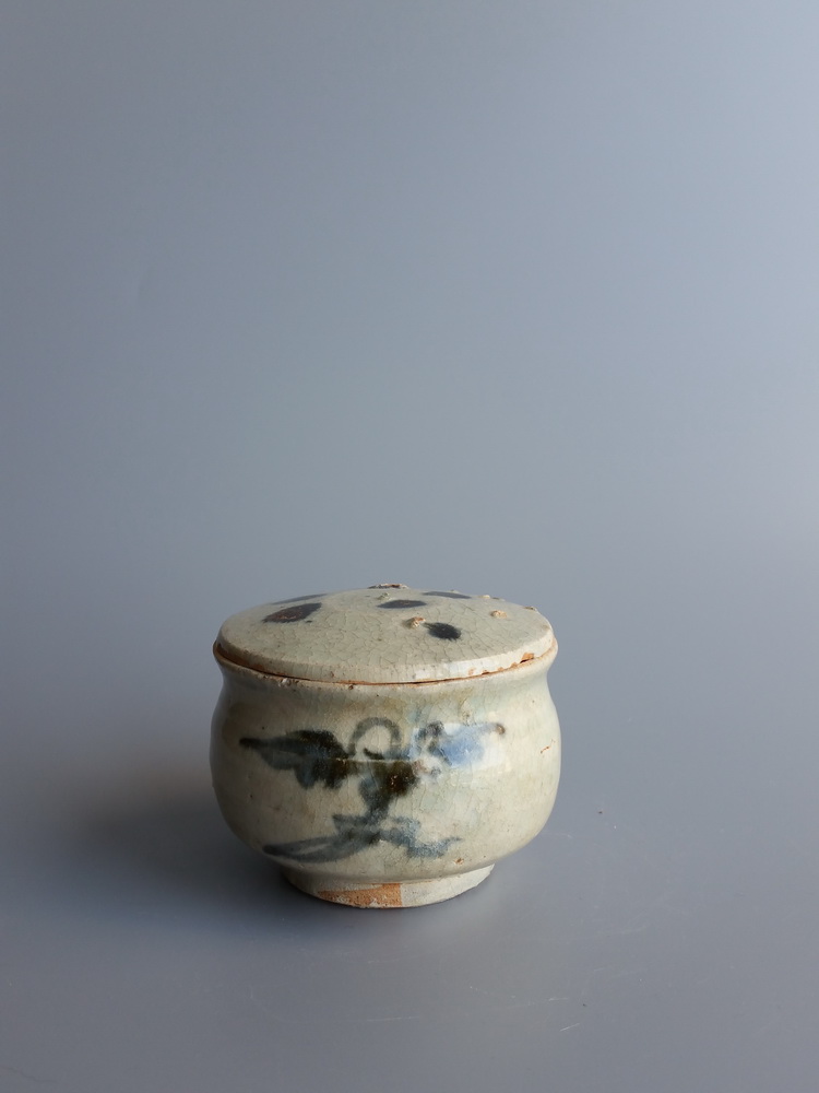 元代青花 葫芦叶 点彩 盖罐