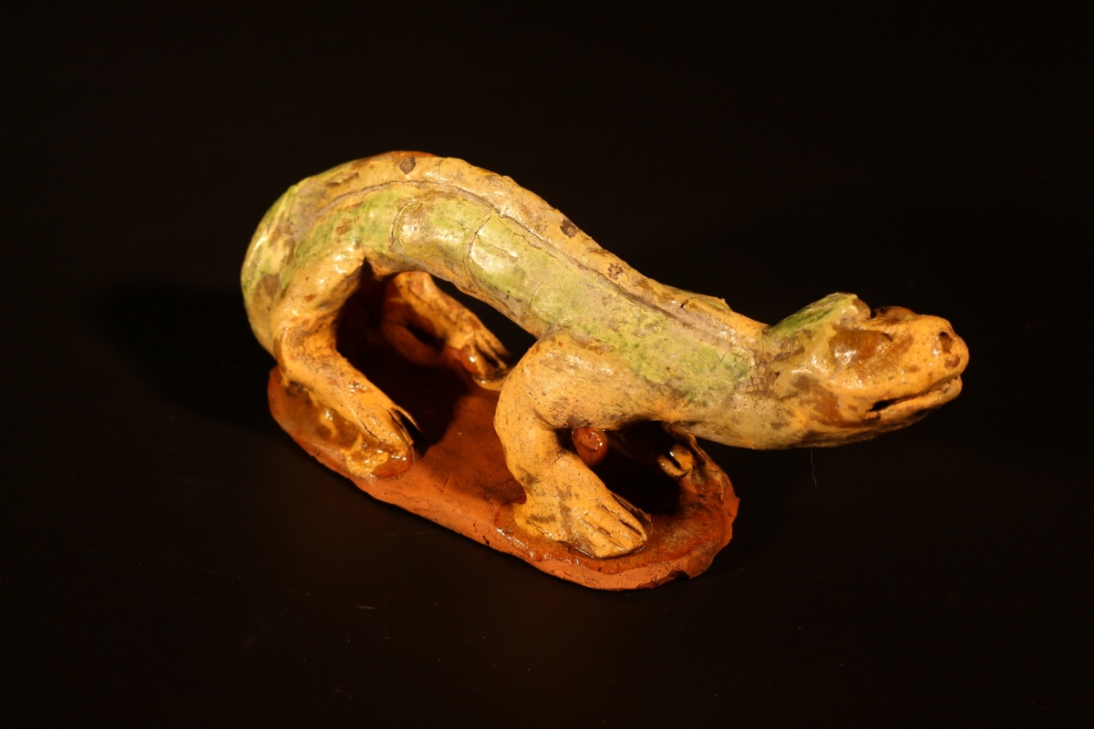 宋代 邛窑 三彩 黄底绿釉  雕塑瓷 对龙