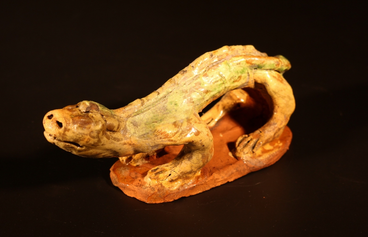 宋代 邛窑 三彩 黄底绿釉  雕塑瓷 对龙