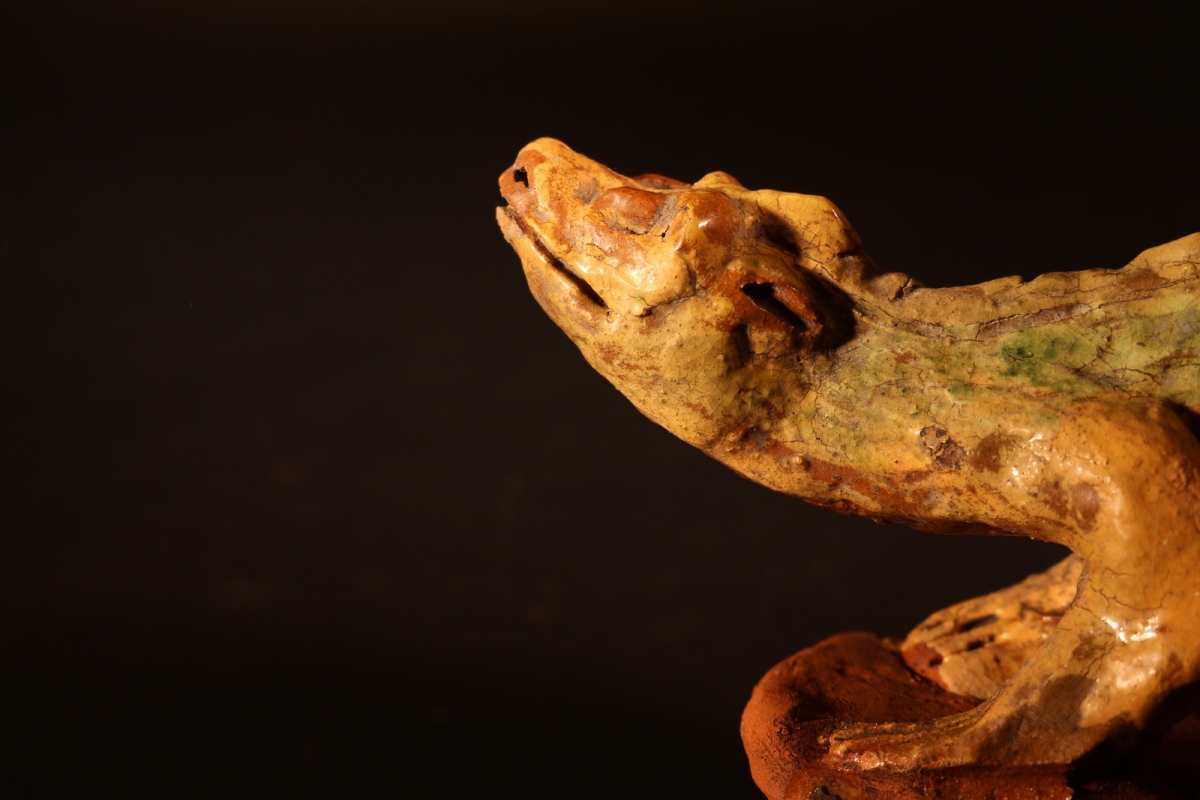 宋代 邛窑 三彩 黄底绿釉  雕塑瓷 对龙