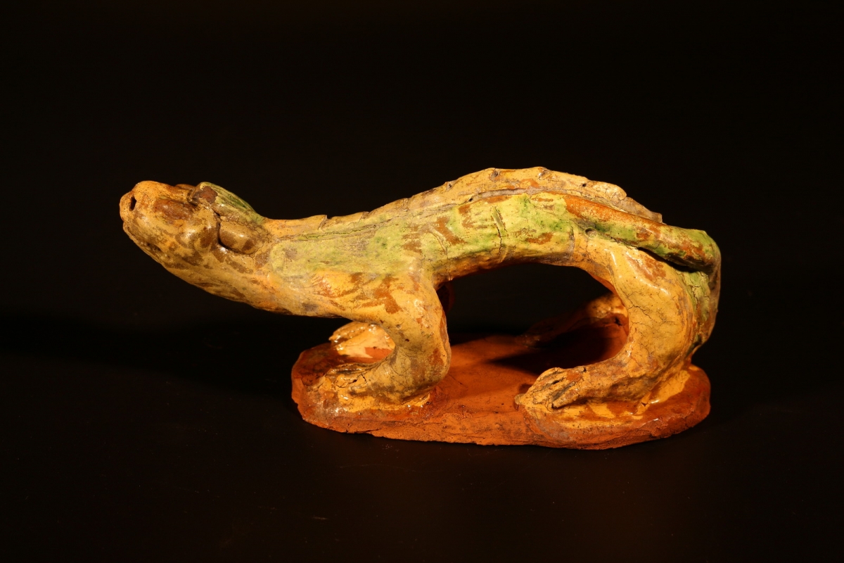 宋代 邛窑 三彩 黄底绿釉  雕塑瓷 对龙