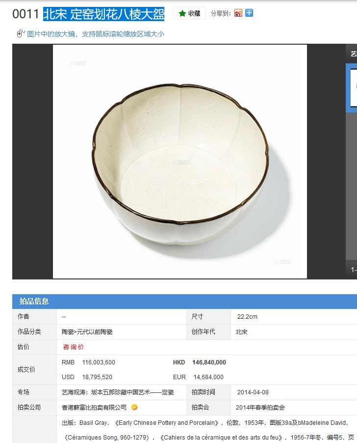  北宋 定窑划花八棱大盌 香港苏富比 11600万