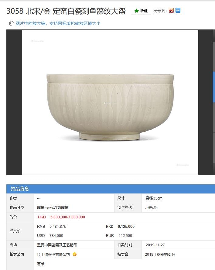 佳士得，北宋/金 定窑白瓷刻鱼藻纹大盌 548万