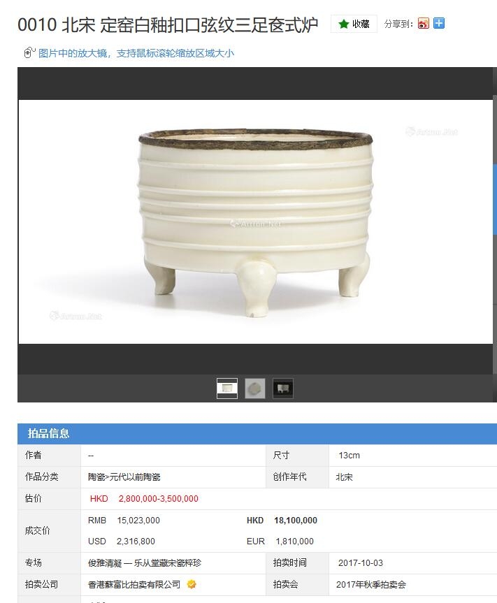 苏富比，北宋 定窑白釉扣口弦纹三足奁式炉 1500万