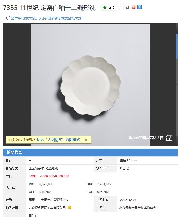 北京保利，11世纪 定窑白釉十二瓣形洗，632万