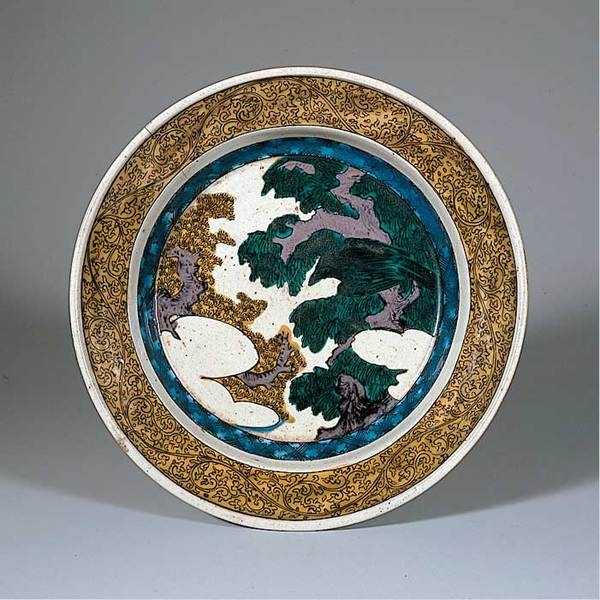 色絵老樹白雲図平鉢　古九谷  17世紀/江戸
