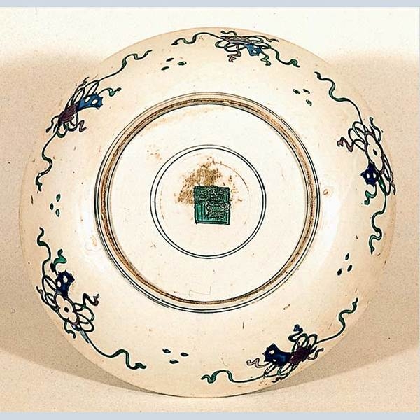 色絵壺割花鳥図平鉢　古九谷 福字底款  17世紀/江戸