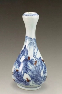 清康熙青花釉里红携琴访友图蒜头瓶|故宫博物院藏