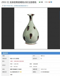 元 龙泉窑青瓷褐斑点彩玉壶春瓶 350万|佳士得