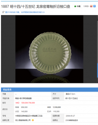 明十四/十五世纪 龙泉窑青釉折沿棱口盘 110万